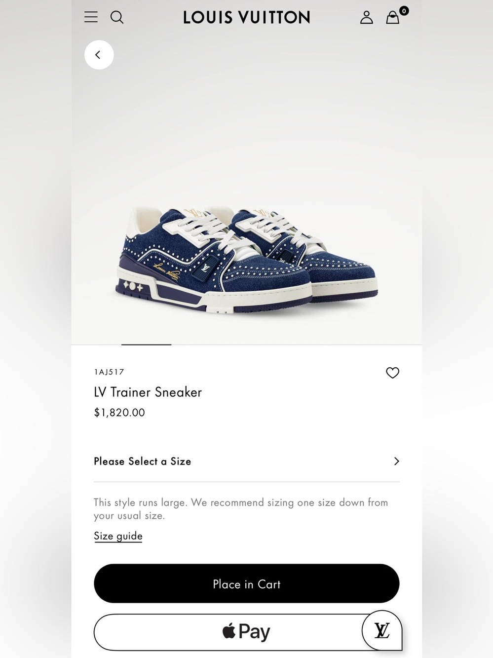 Louis Vuitton LV Trainer Sneaker 1AJ517 Swarovski™ pearls Indigo Blue SIZE 8.5 - Picture 12 of 14
